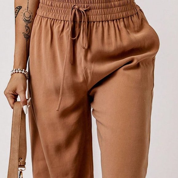 Brown Preppy Womens Drawstring Waist Wide Leg Pants - Picture 6 of 6